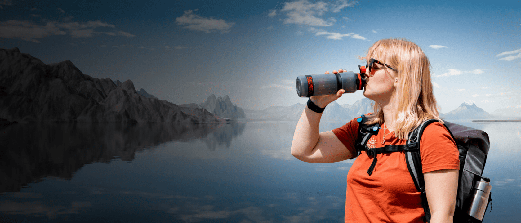 Woman hiker drinking from Water-to-Go water filter bottle
