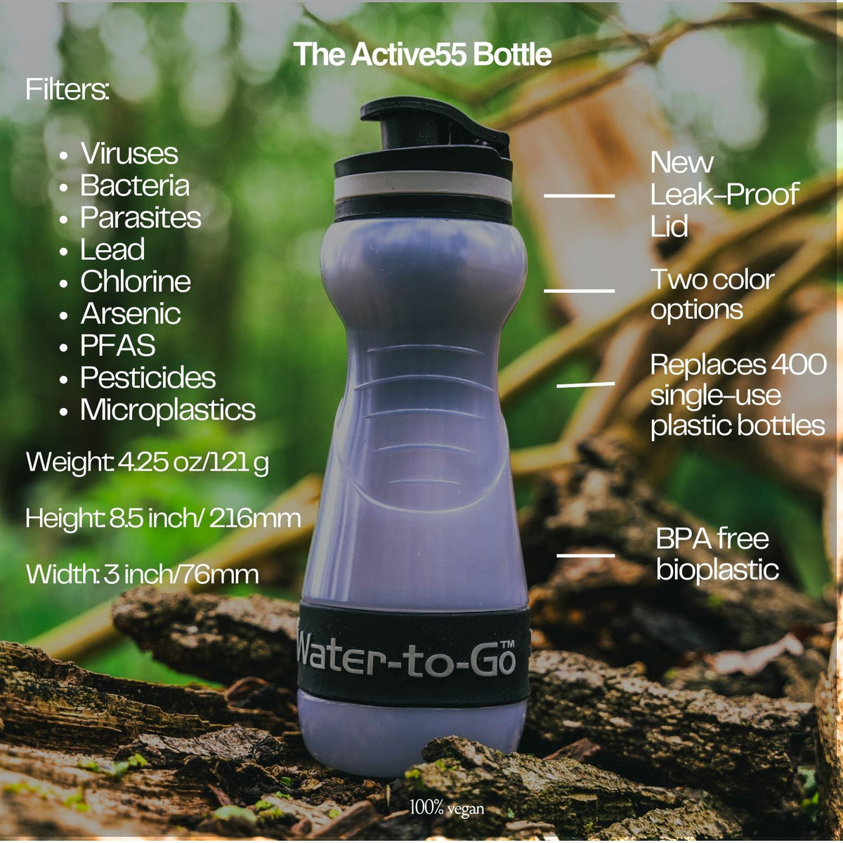 Small Water Purifier Bottle - (18.5 fl oz/55cl) filter water bottle - Water to Go