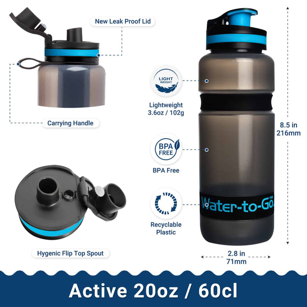 Dimensions for Water to Go Active 20oz (60cl) (black & blue) water filter bottle